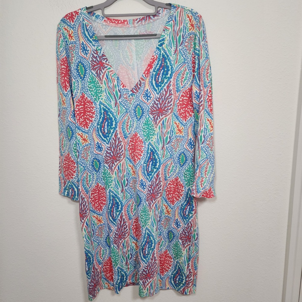 Lilly Pulitzer Coral Reef Print Long Sleeve V Neck Pima Cotton‎ Dress Medium